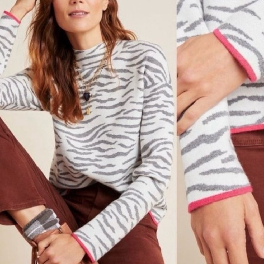 Anthropologie Zebra Print Sweater with Pink Trim size small